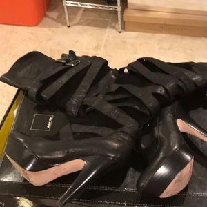 Black leather and suede platform knee boots